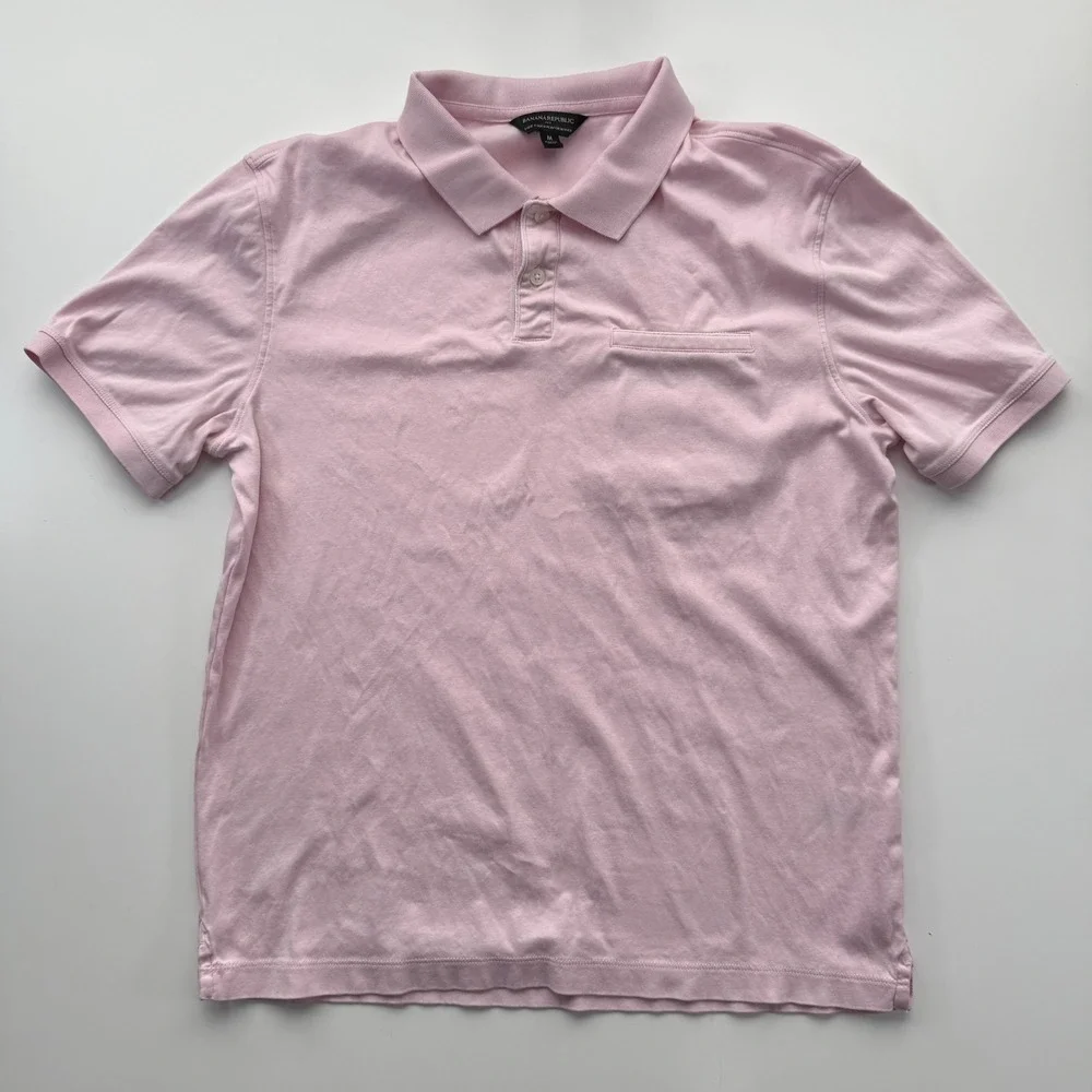 BANANA REPUBLIC Luxe Touch Pip Pink Oxford Polo Short Sleeve Shirt‎ Mens Medium